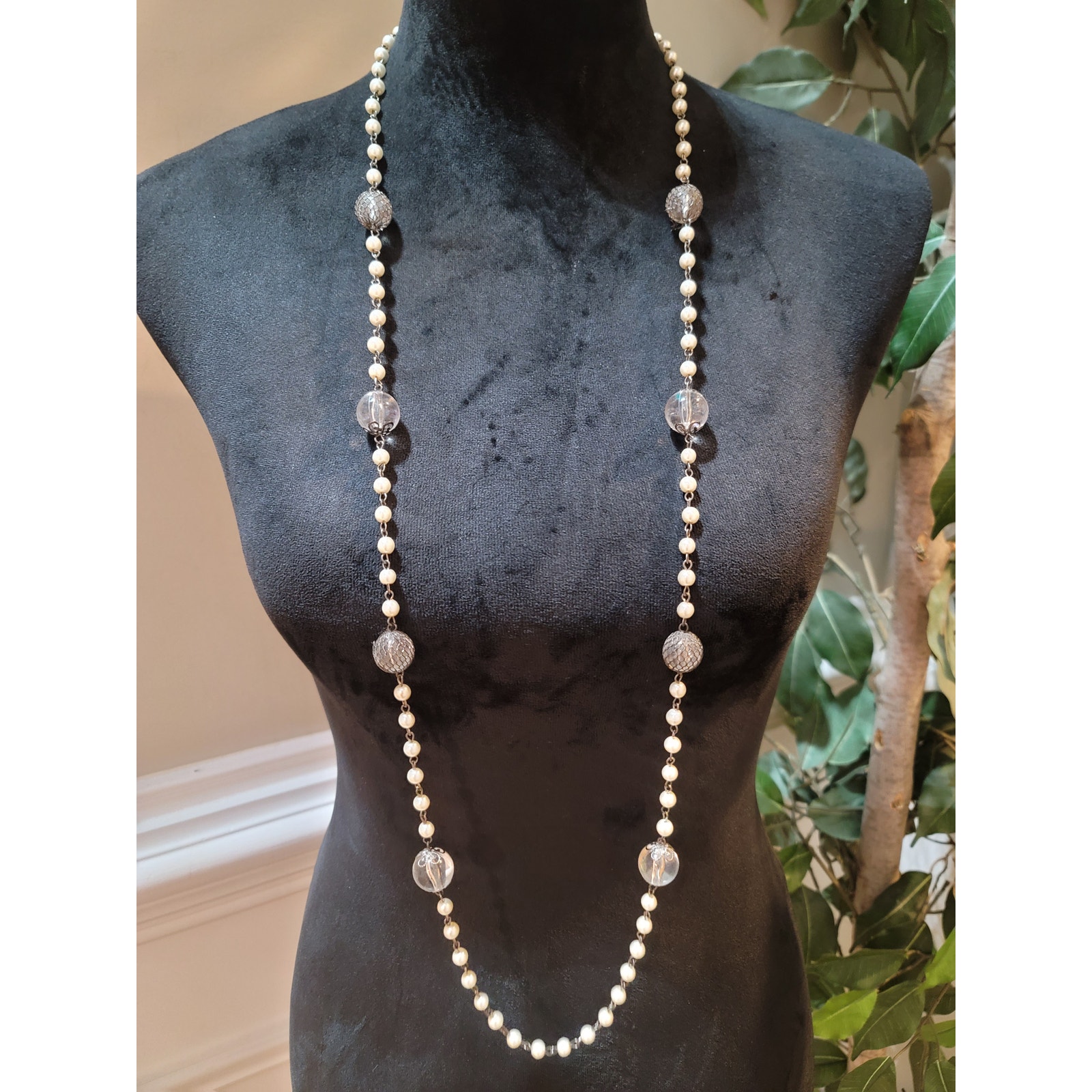 Women's Long Pearl Beaded Necklace With Silver And Clear Beads Lobster Clasp